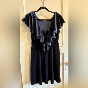 London Times Blue Velvet Back Ruffle Cocktail Dress Cap Sleeves Size 8